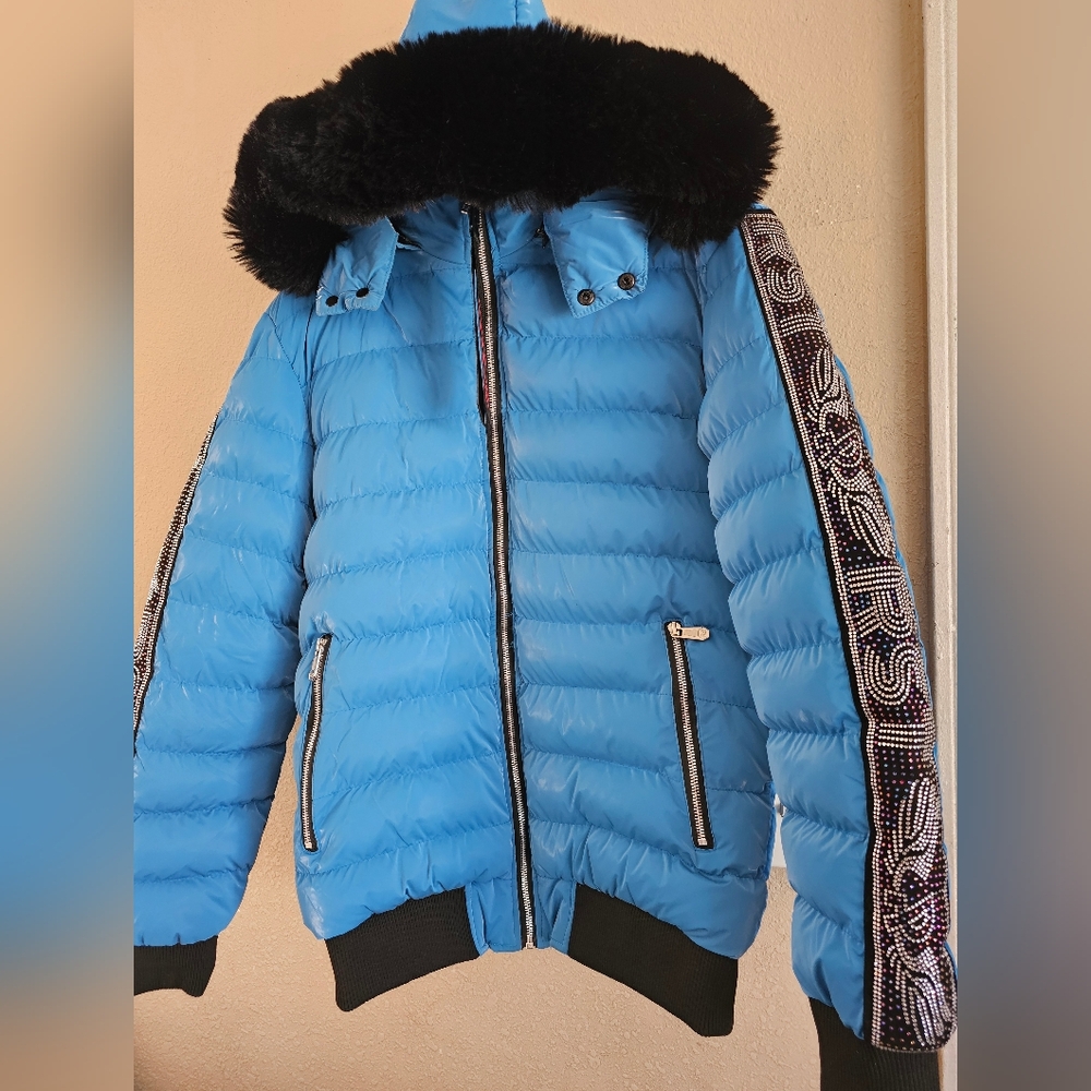 Realistic NYC Rhinestone Blue lies puffer Hoodie jacket color men's size Large